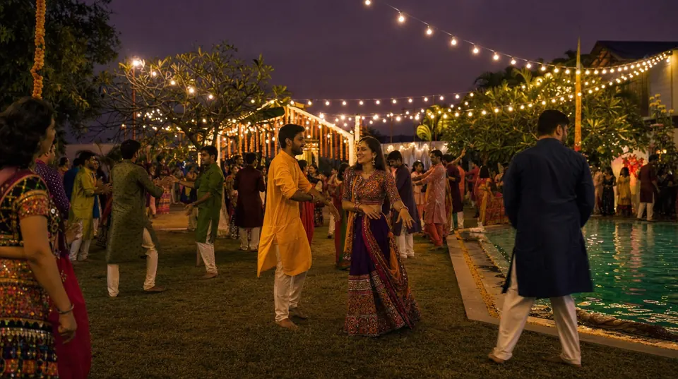 Poolside celebration — illustrative Garba visual